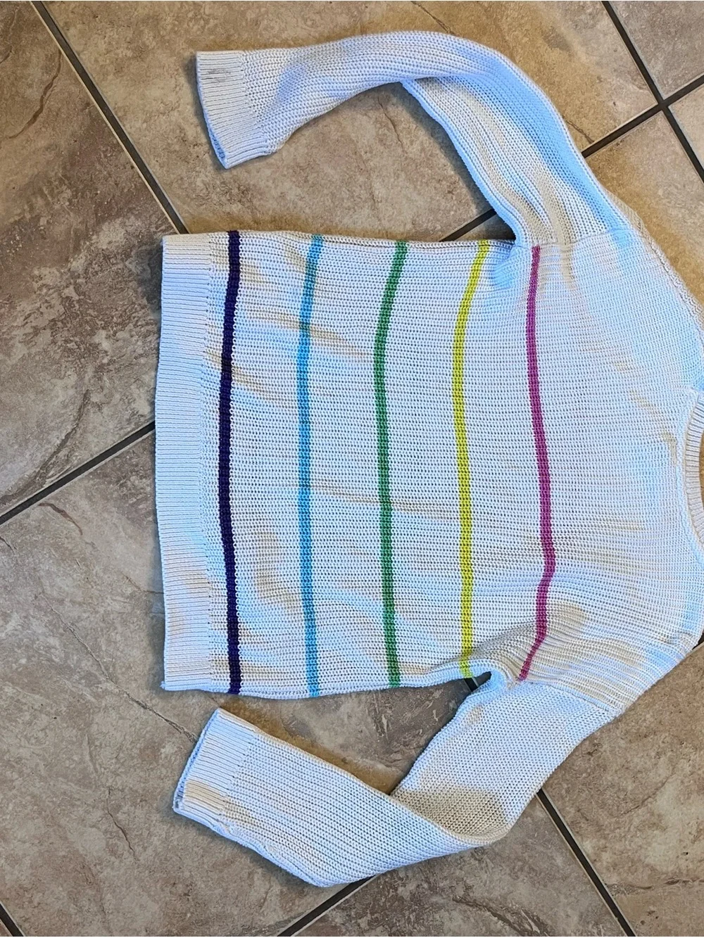 White Crewneck Sweater with Rainbow Stripes - girls